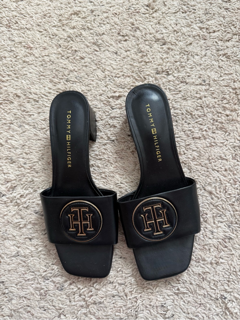 Tommy Hilfiger Black Slip-On Mules with Gold Logo Medallion